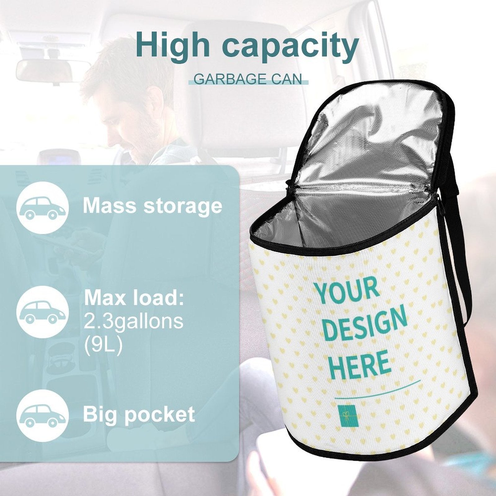 Customizable car trash can with "YOUR DESIGN HERE" text, polyester material, car organizer storage box, holds 2.3 gallons.