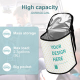 Customizable car trash can with "YOUR DESIGN HERE" text, polyester material, car organizer storage box, holds 2.3 gallons.