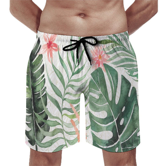 Men's Hawaiian Swim Trunks with Green Tropical Leaf Print