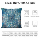 Blue mandala pillow cover with size chart; perfect for sofa and couch, high quality, breathable, and comfortable feel.