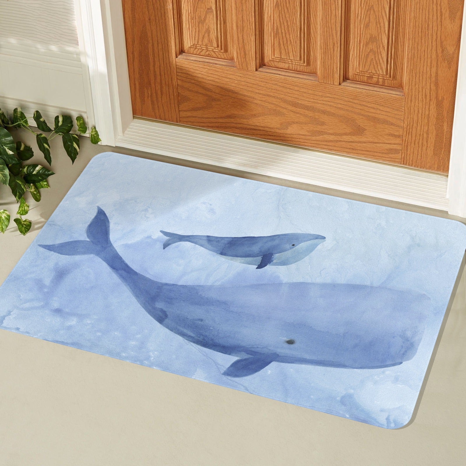 Blue whale doormat for entrance, rubber floor mat, watercolor art design