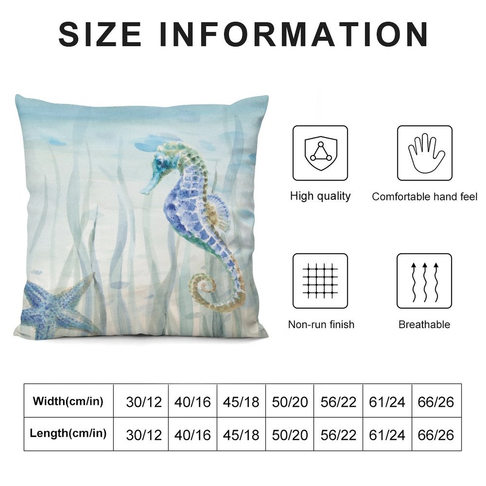 Decorative plush pillow cover with seahorse and starfish watercolor art, soft and breathable, perfect for sofa or couch.