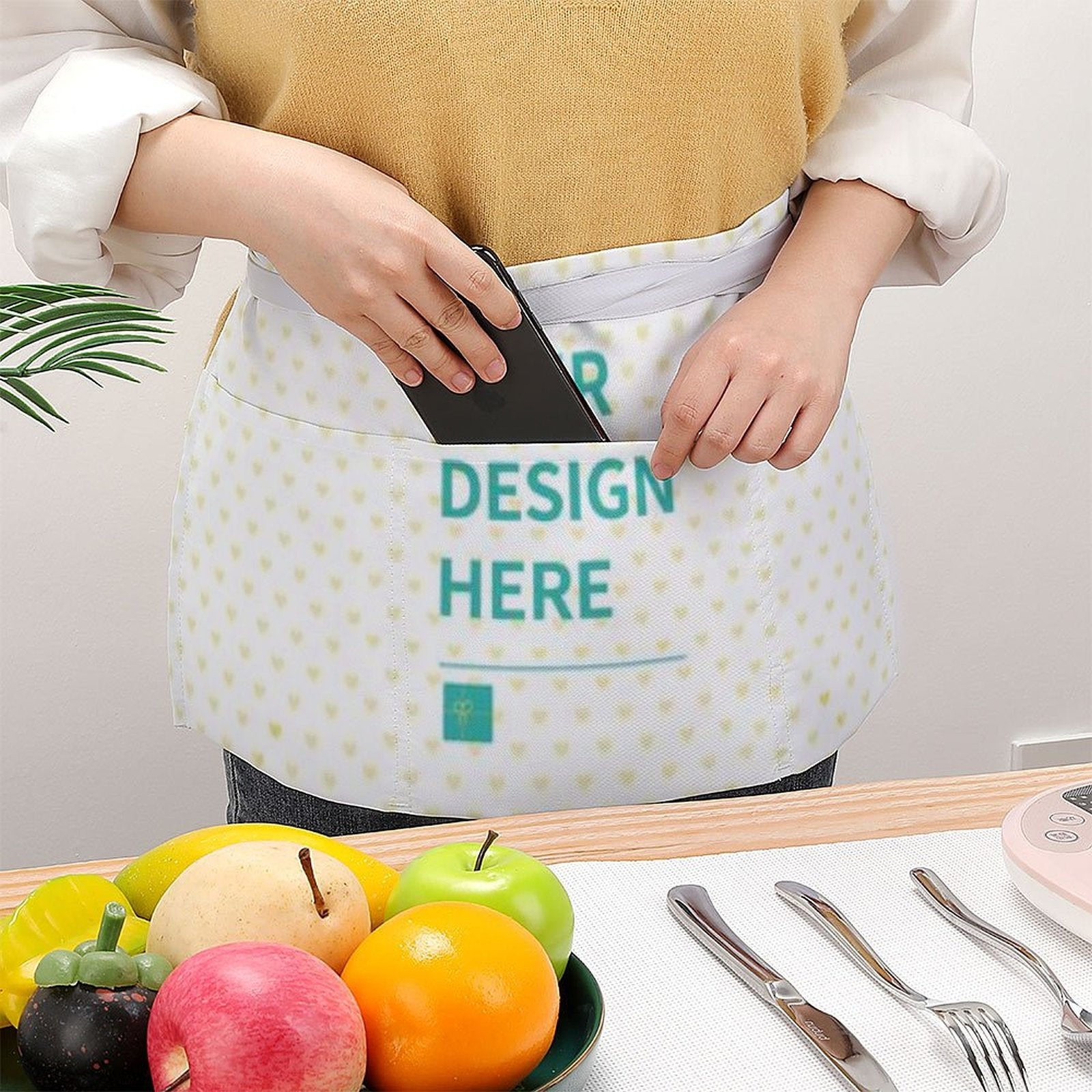 Customizable chef apron with pockets, personalized design area. White Oxford cloth for men and women.