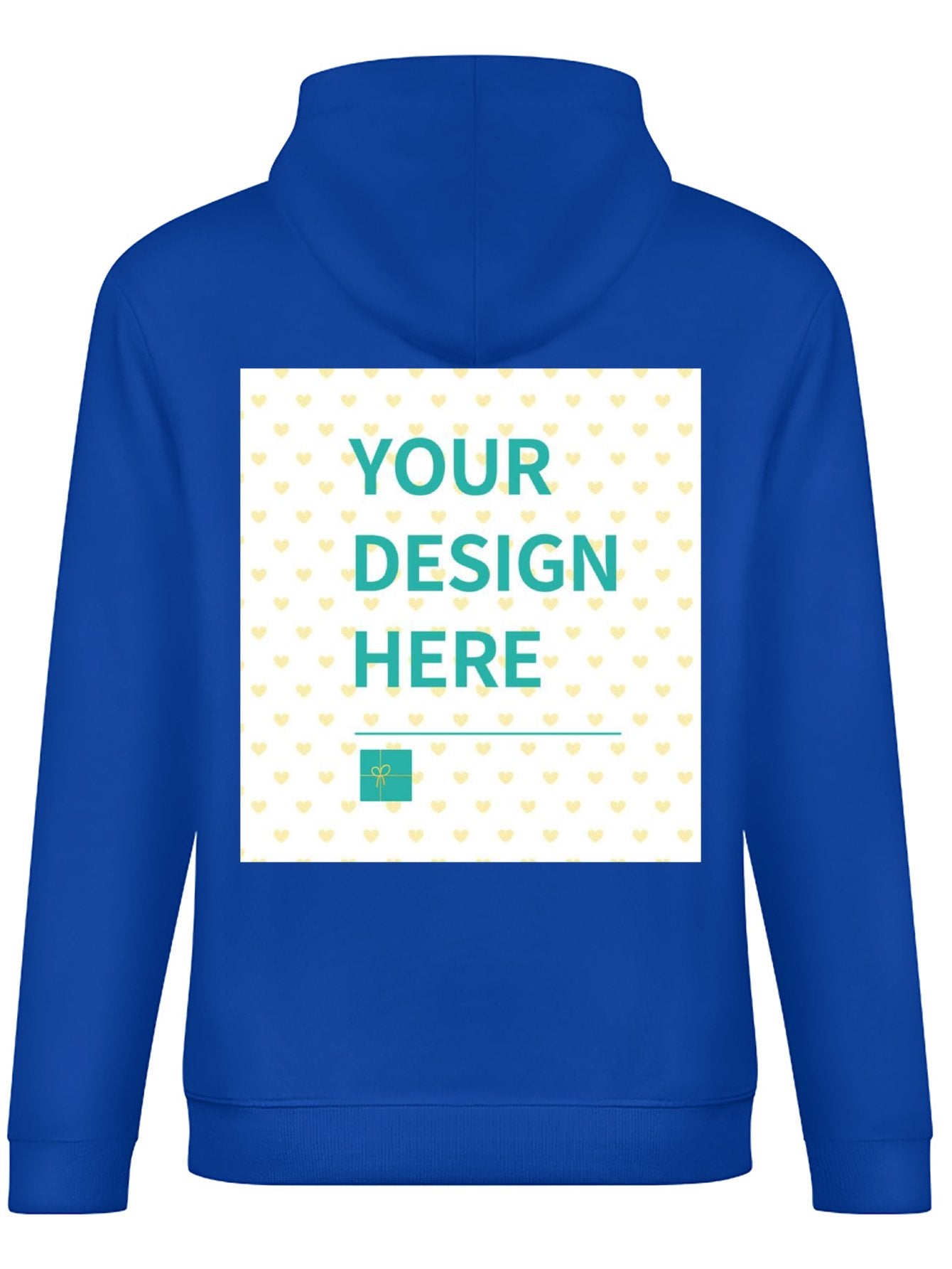 Royal blue men's hooded sweatshirt with customizable back design, featuring 'YOUR DESIGN HERE' text. Made in USA.