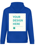 Royal blue men's hooded sweatshirt with customizable back design, featuring 'YOUR DESIGN HERE' text. Made in USA.