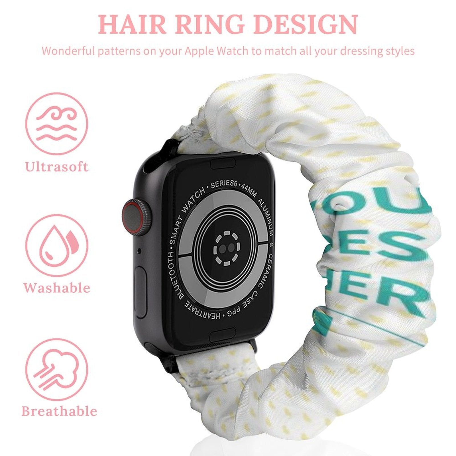 Polyester scrunchie Apple Watch band with "YOU, ES, TER" design, washable and breathable
