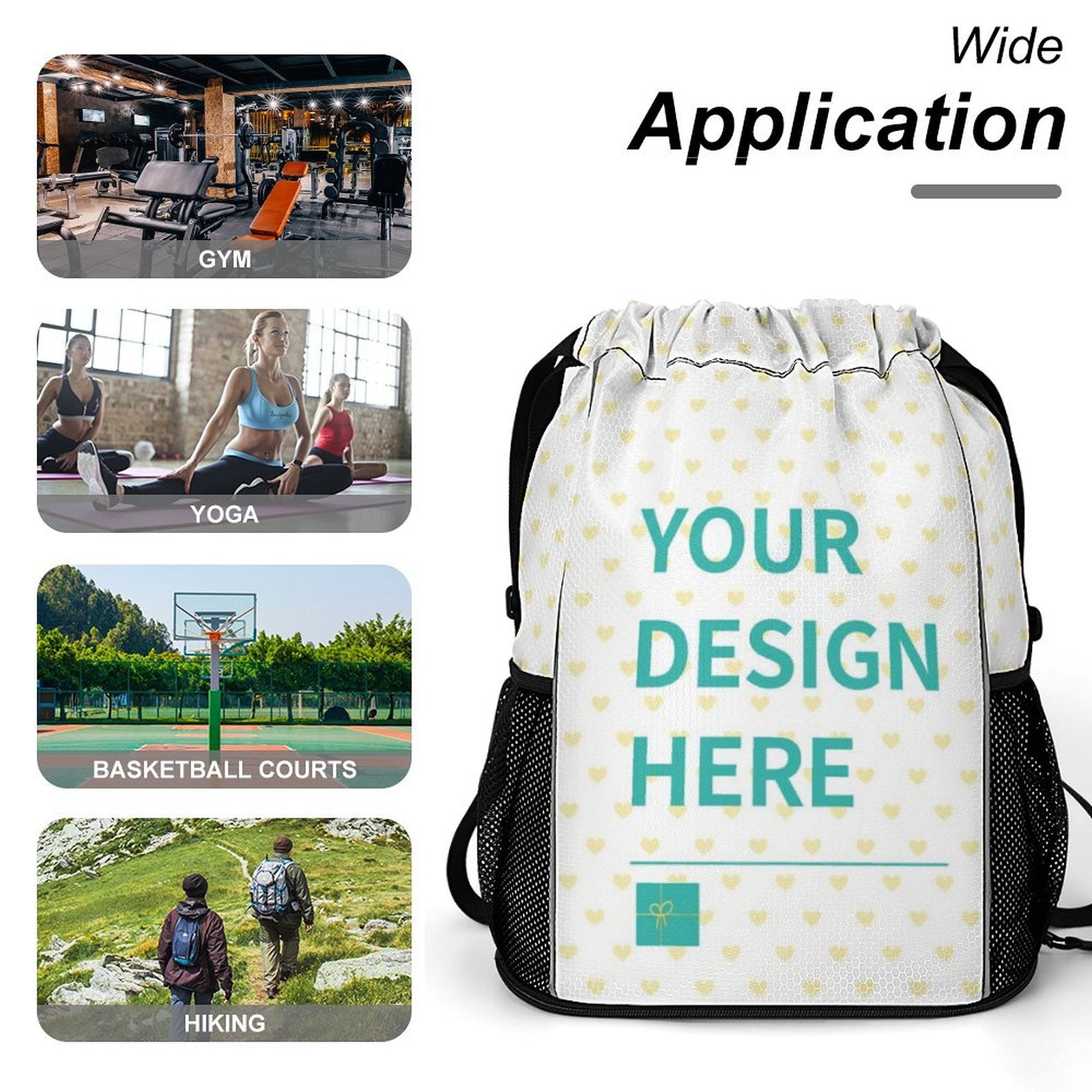 Personalized drawstring backpack with 'YOUR DESIGN HERE', ideal for gym/travel/sport, honeycomb fabric.