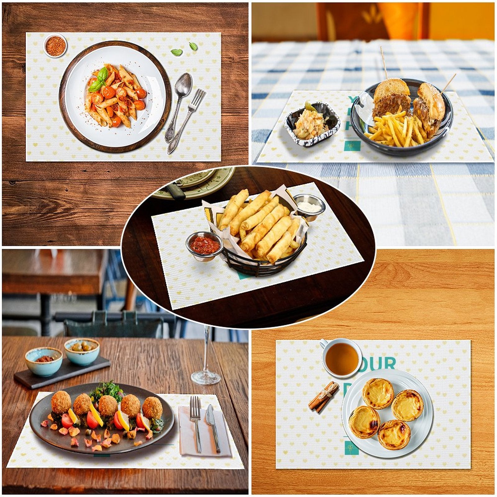 Custom PVC placemats showcasing diverse dining scenes, heart pattern design, kitchen decor, durable and easy to clean.