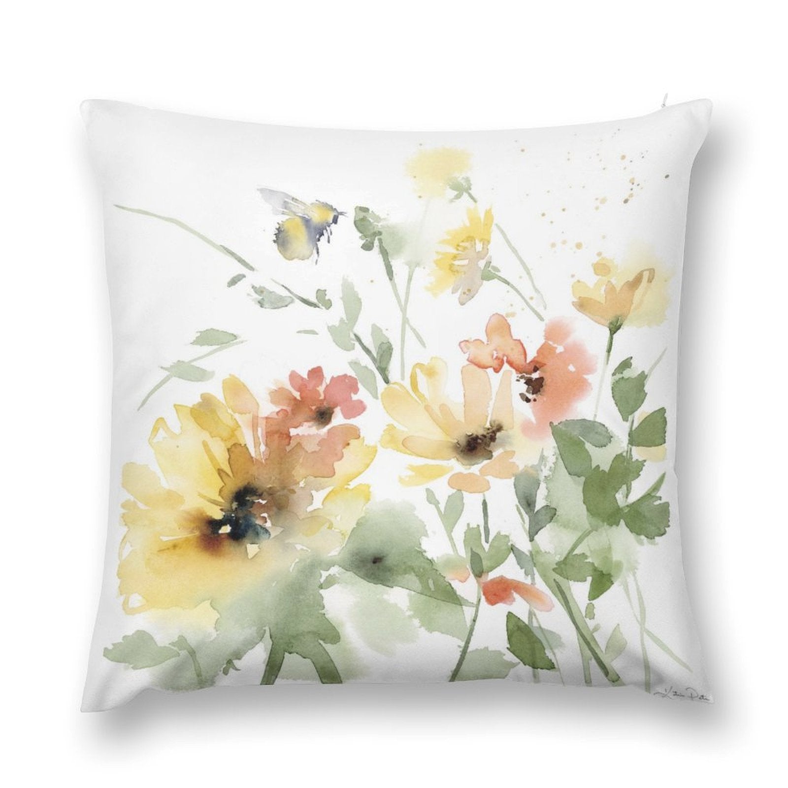 Watercolor floral pillow cover with yellow and orange flowers, bee, and soft fluffy design
