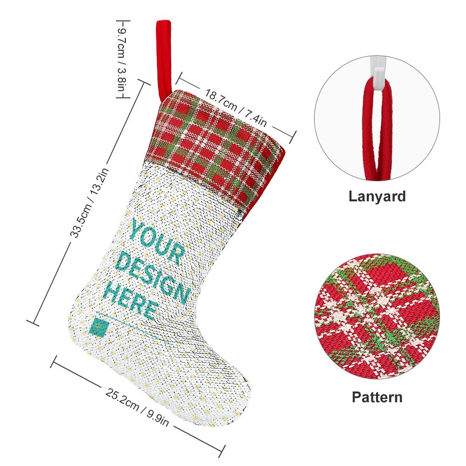 Personalized Christmas stocking with custom design option; white sequins, red plaid cuff, and lanyard.