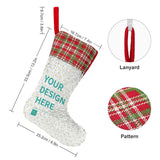 Personalized Christmas stocking with custom design option; white sequins, red plaid cuff, and lanyard.