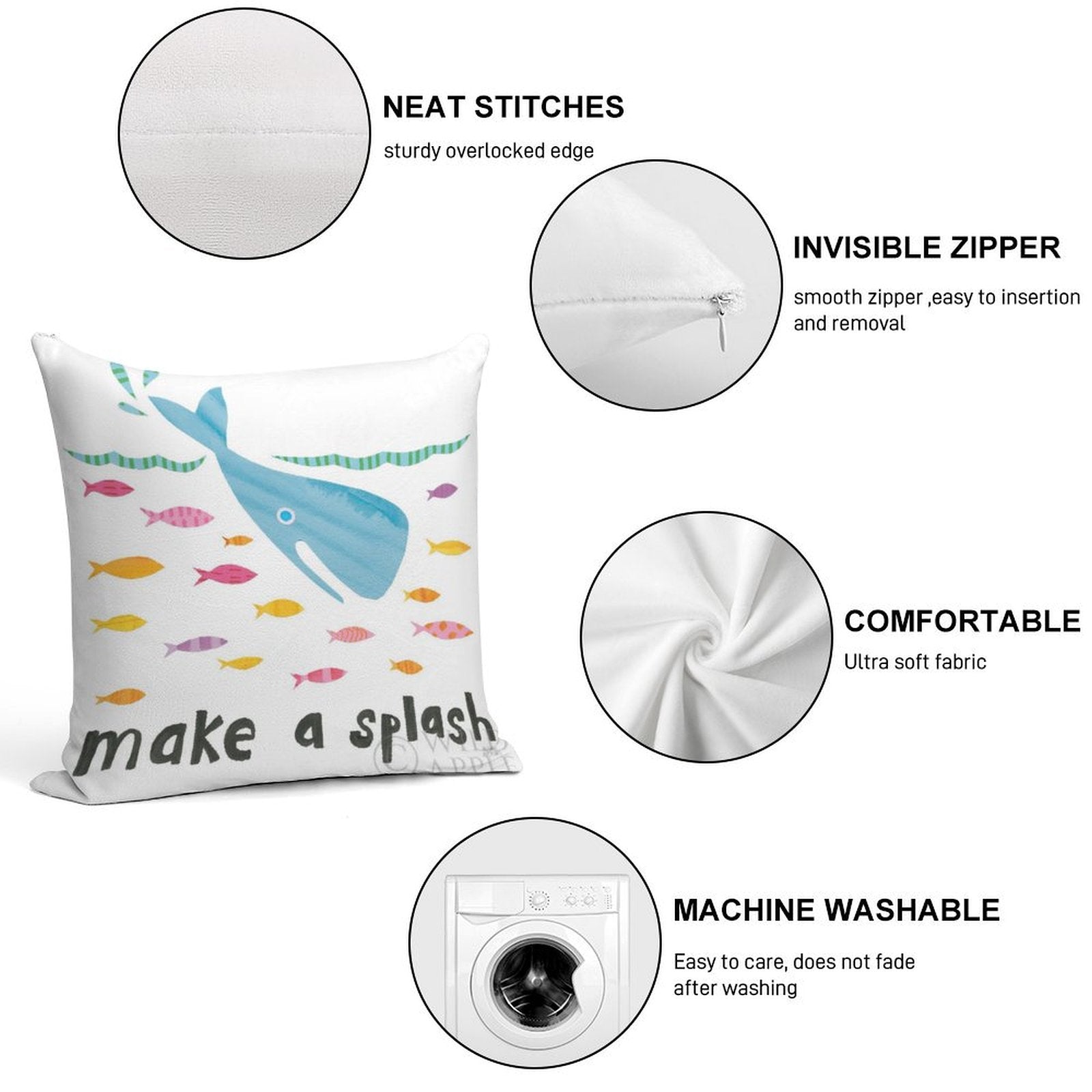 Ocean throw pillowcase with whale and fish illustrations, soft, 'make a splash' design, perfect for living room.