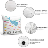 Ocean throw pillowcase with whale and fish illustrations, soft, 'make a splash' design, perfect for living room.