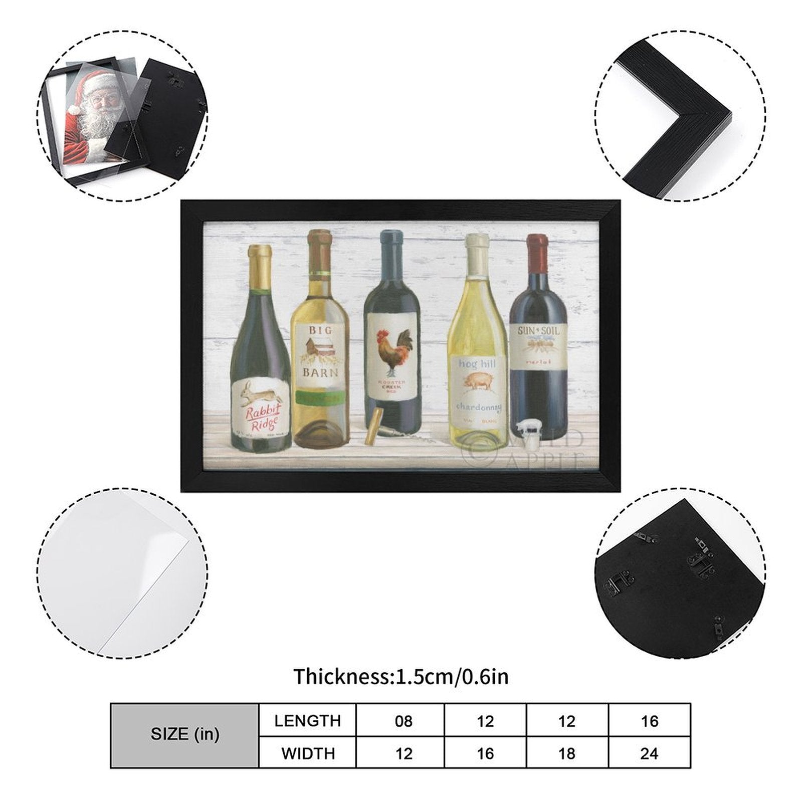 Framed canvas print of wine bottles with various labels. Black framed wall art for home decor.