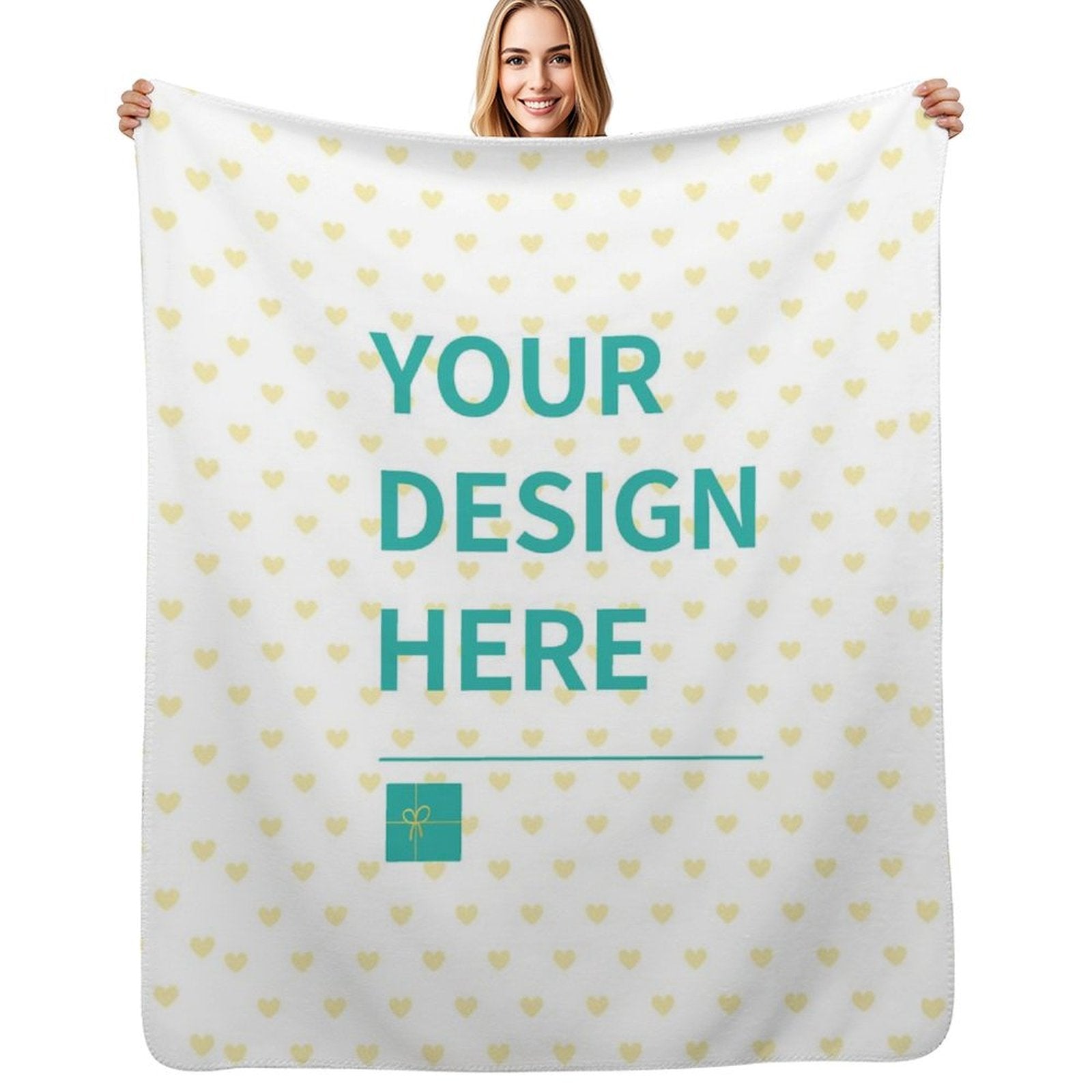 Customizable heart patterned fleece blanket, featuring 'YOUR DESIGN HERE' text for personalization, perfect gift idea.