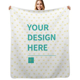 Customizable heart patterned fleece blanket, featuring 'YOUR DESIGN HERE' text for personalization, perfect gift idea.