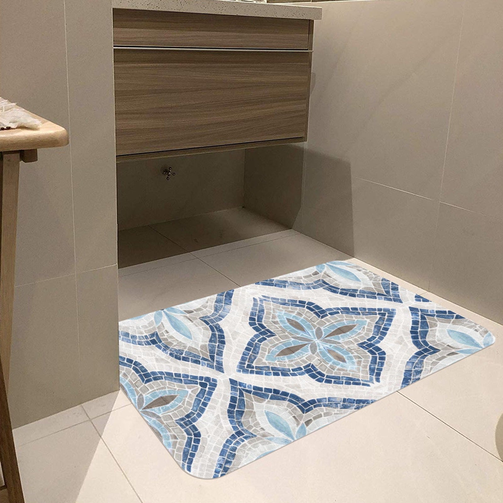 Blue mosaic rubber floor mat in bathroom, artistic design for indoor use