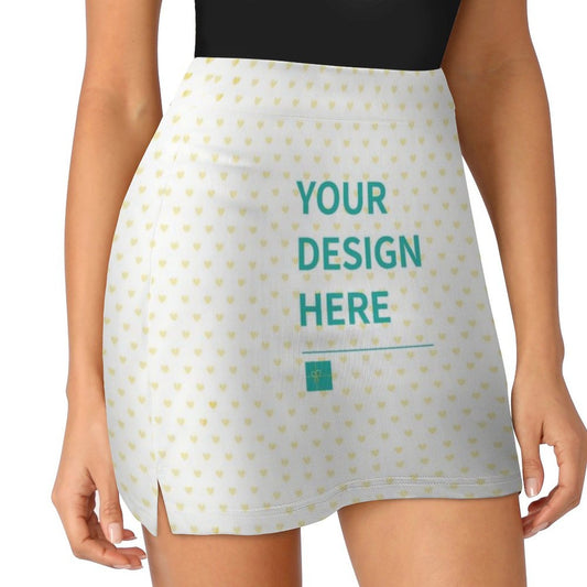 Customizable tennis golf skort with heart print, featuring 'YOUR DESIGN HERE' text, white fabric for women