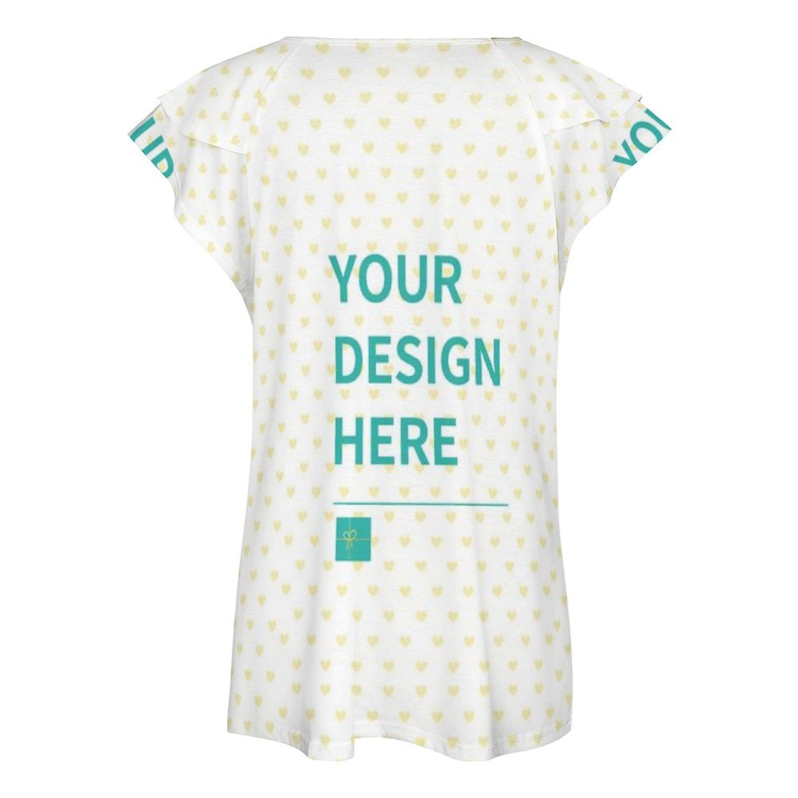 Customizable V-neck summer t-shirt with ruffle sleeves, 'YOUR DESIGN HERE' print, perfect personalized gift.