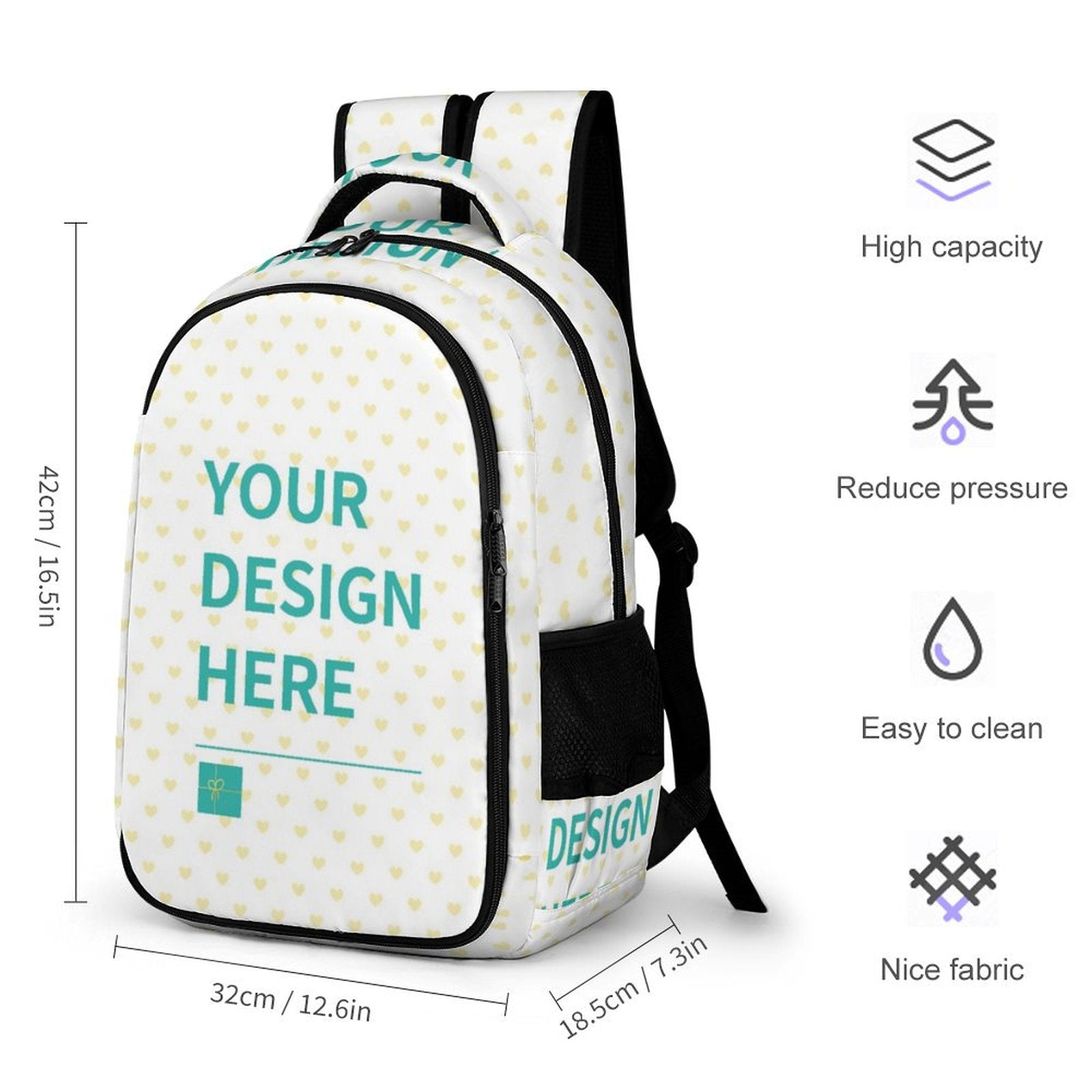 Custom kids backpack with 'Your Design Here' design, heart pattern, polyester material, and side pockets for girls and boys.