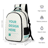 Custom kids backpack with 'Your Design Here' design, heart pattern, polyester material, and side pockets for girls and boys.