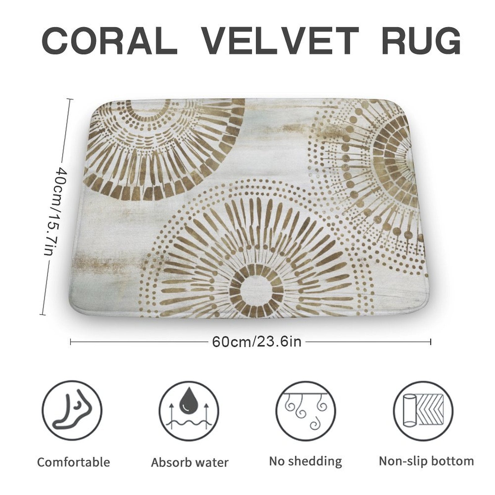 Coral velvet bathroom rug with sunburst design, non-slip and absorbent, 60cm x 40cm