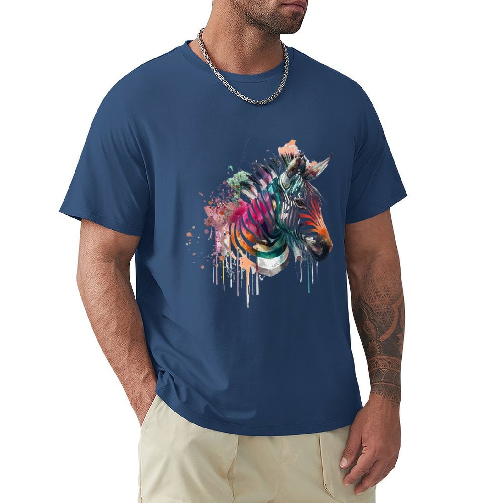 Men's blue cotton t-shirt featuring a watercolor zebra design. Comfortable crew neck tee for men, perfect for MyArtsyGift.