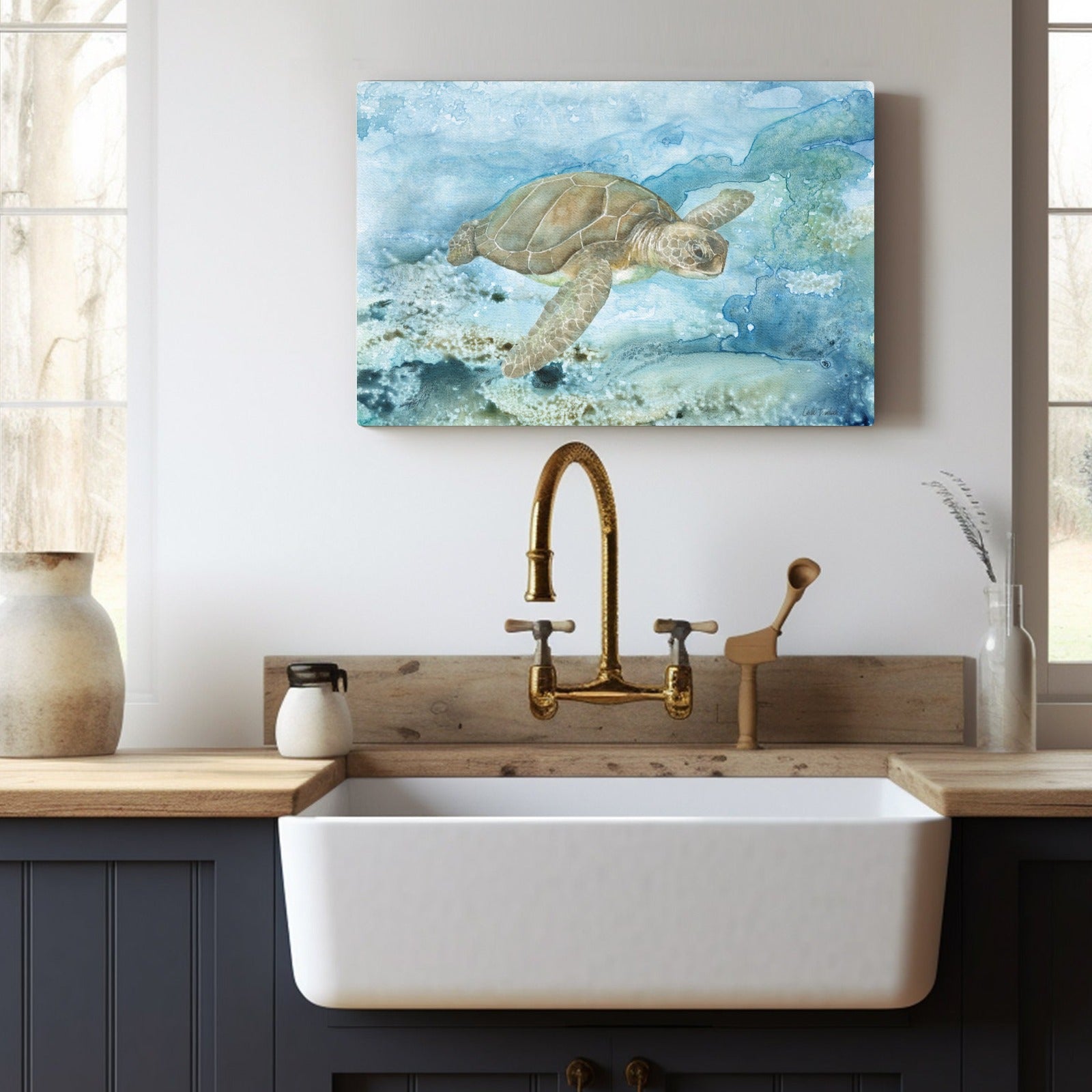 Sea turtle canvas art print, watercolor painting for kitchen decor, USA made.