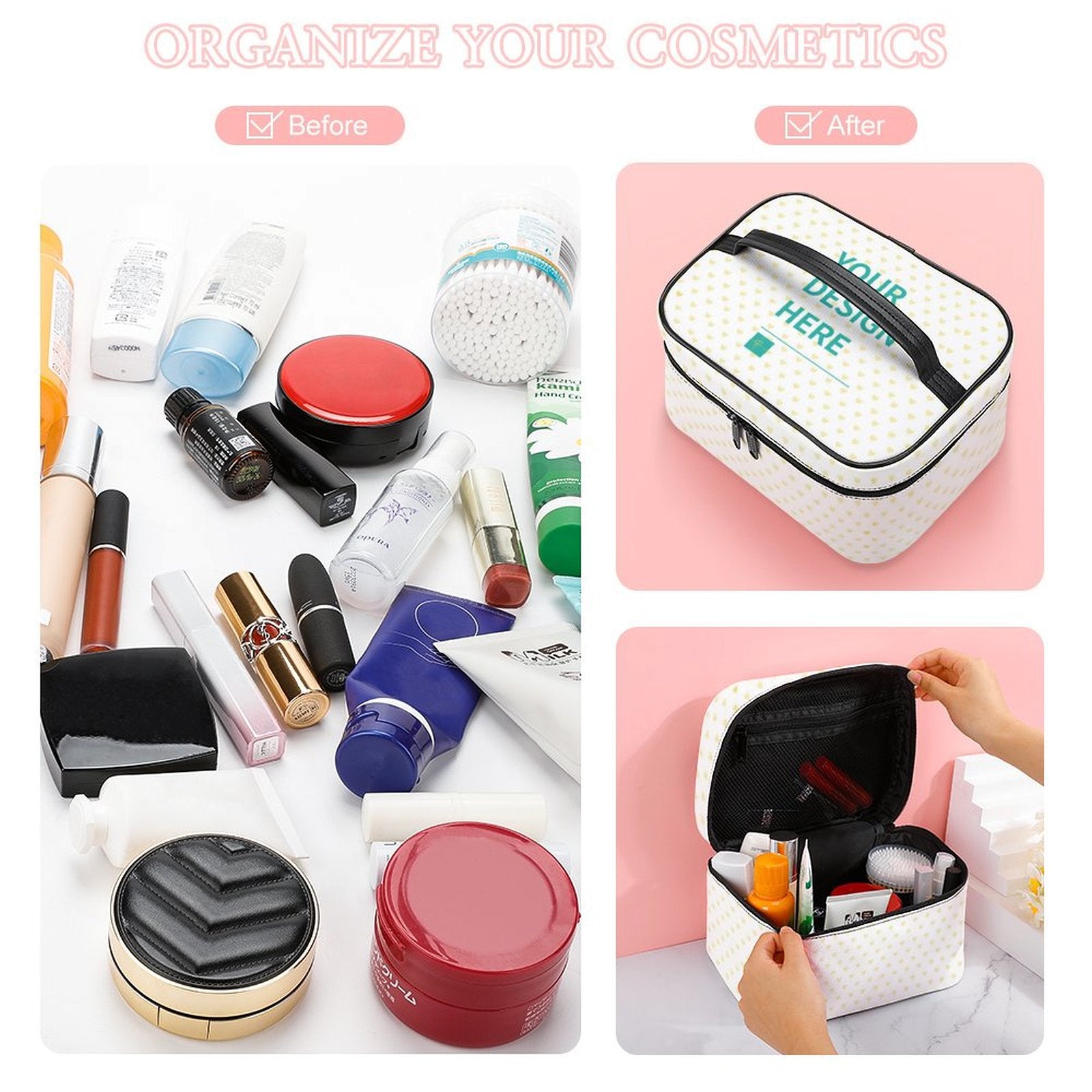 Personalized makeup bag, lychee pattern, 'YOUR DESIGN HERE' text, cosmetic organizer, before and after storage comparison
