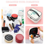 Personalized makeup bag, lychee pattern, 'YOUR DESIGN HERE' text, cosmetic organizer, before and after storage comparison