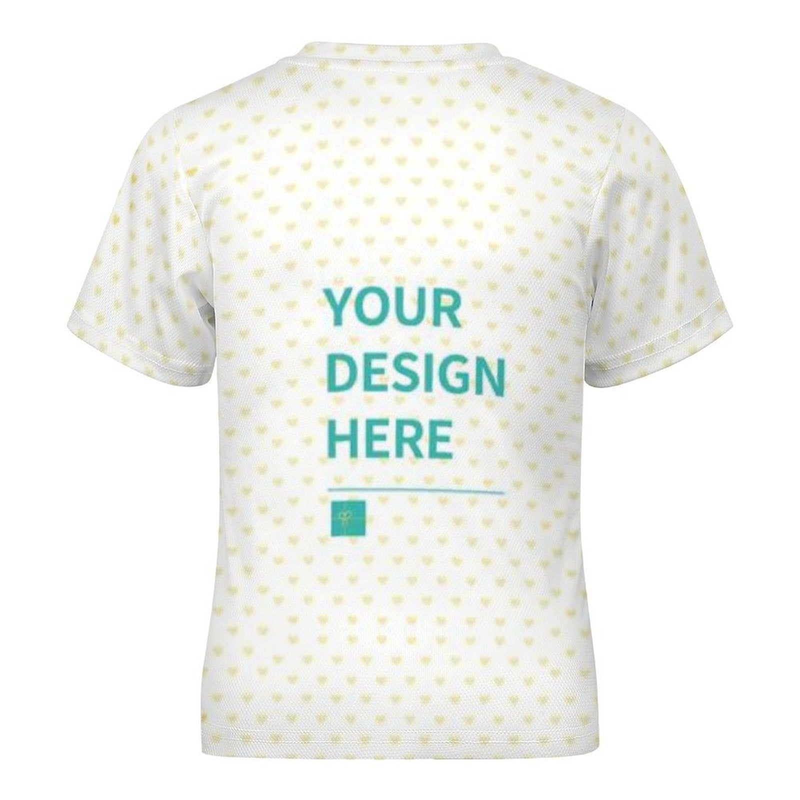 Customizable kids' t-shirt with 'YOUR DESIGN HERE' text, heart pattern, mesh fabric for boys and girls