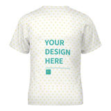 Customizable kids' t-shirt with 'YOUR DESIGN HERE' text, heart pattern, mesh fabric for boys and girls