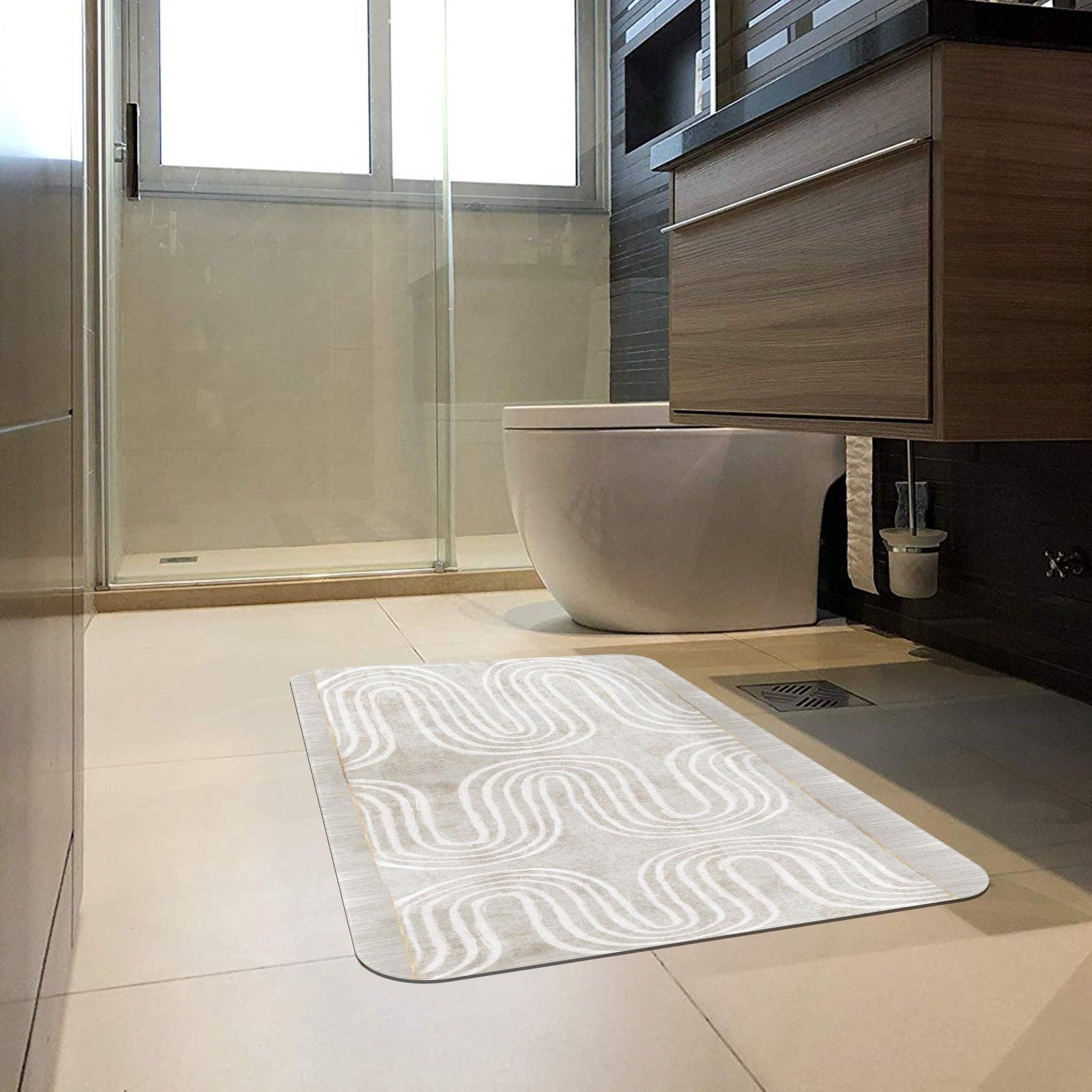 Beige rubber entrance doormat with white wave design in bathroom, suitable for indoor use