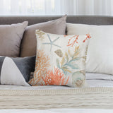 Plush throw pillow cover with sea life design, starfish, coral, and seashells, ideal for sofa decor