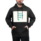 Men's black stick hooded sweatshirt with "YOUR DESIGN HERE" on front. Custom design clothing.