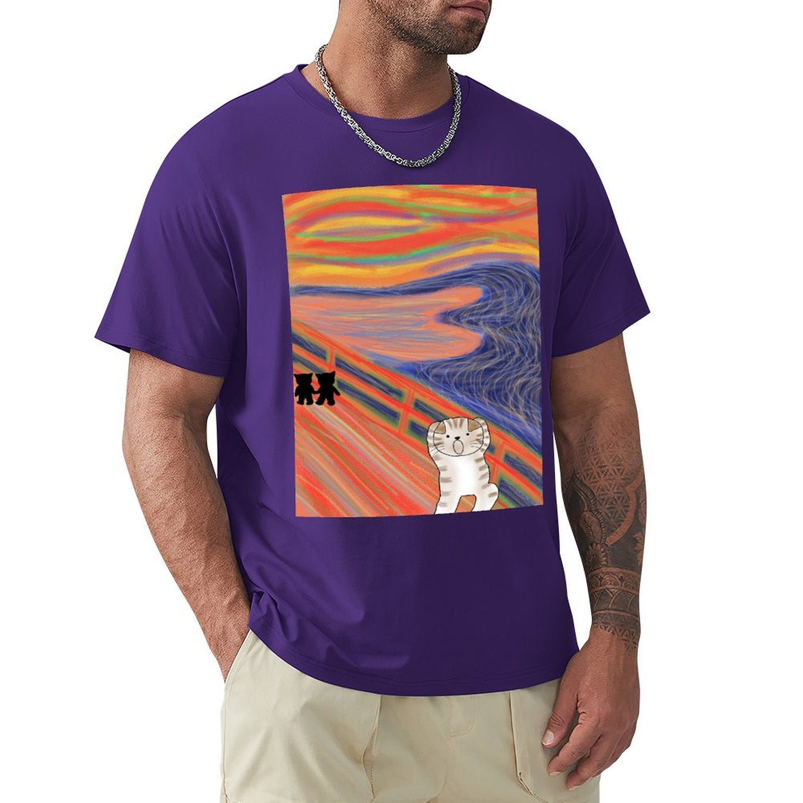 Men's purple cotton t-shirt with a 'The Scream' cat art print. Classic tee from MyArtsyGift.