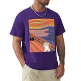 Men's purple cotton t-shirt with a 'The Scream' cat art print. Classic tee from MyArtsyGift.