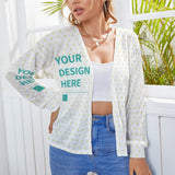Custom short cardigan for women with open front, text design, personalized outerwear