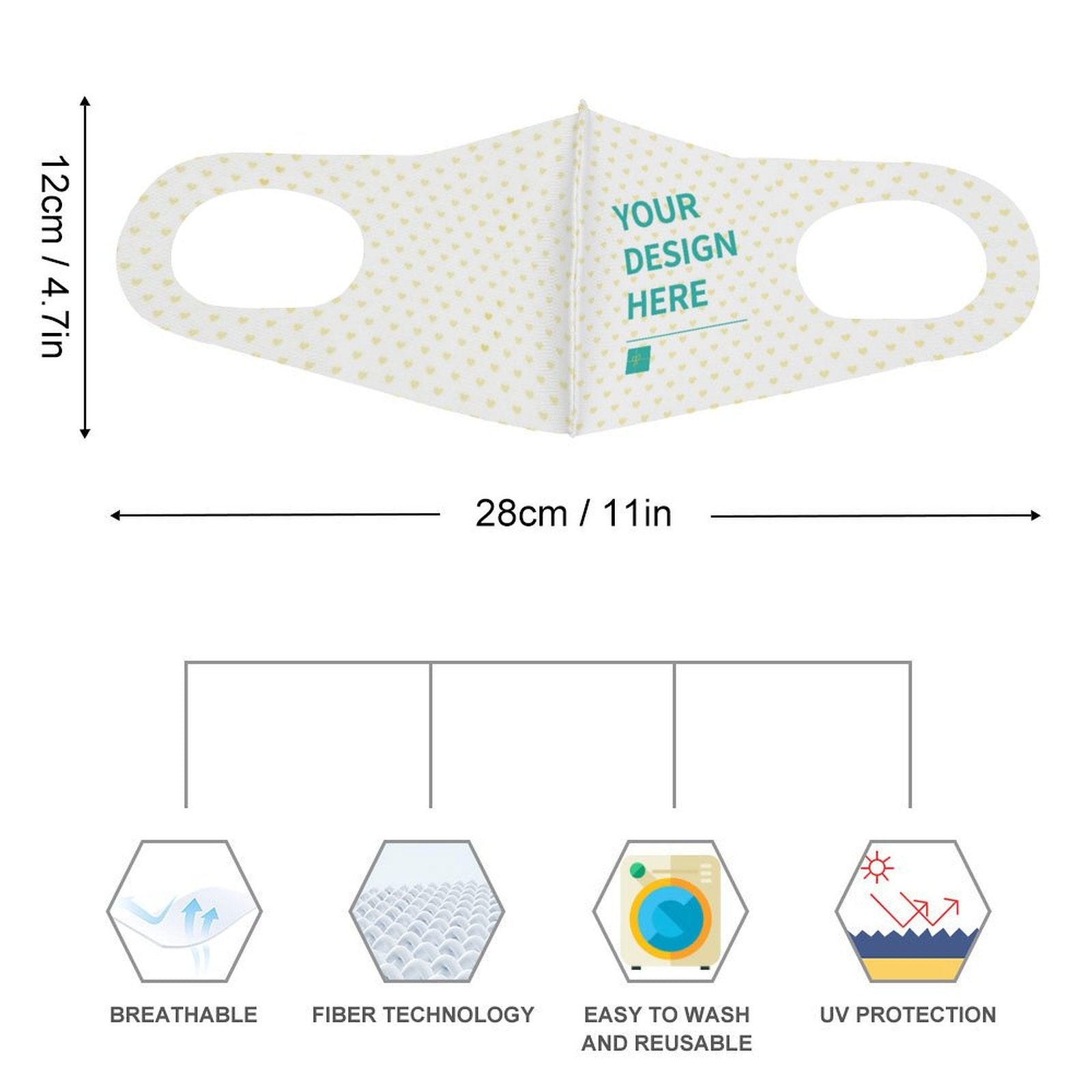 Customizable kids face mask, reusable and breathable. Featuring design area and UV protection.