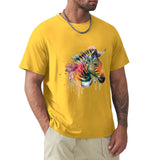 Men's yellow cotton t-shirt with watercolor zebra head design. Comfortable crew neck tee.