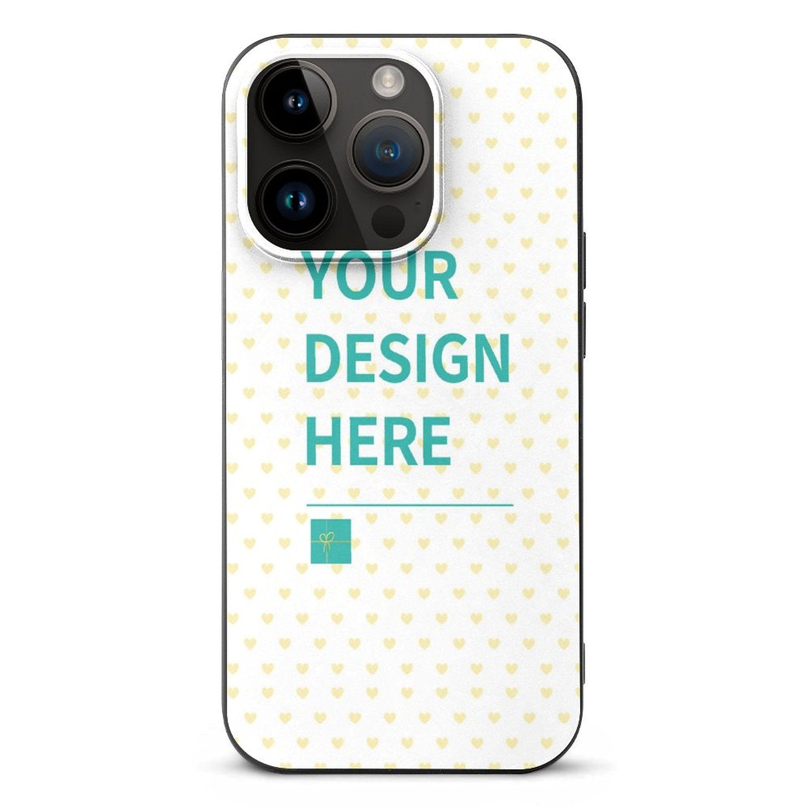 Custom iPhone 14 case with 'YOUR DESIGN HERE' and heart pattern, TPU material, MyArtsyGift.com