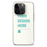 Custom iPhone 14 case with 'YOUR DESIGN HERE' and heart pattern, TPU material, MyArtsyGift.com