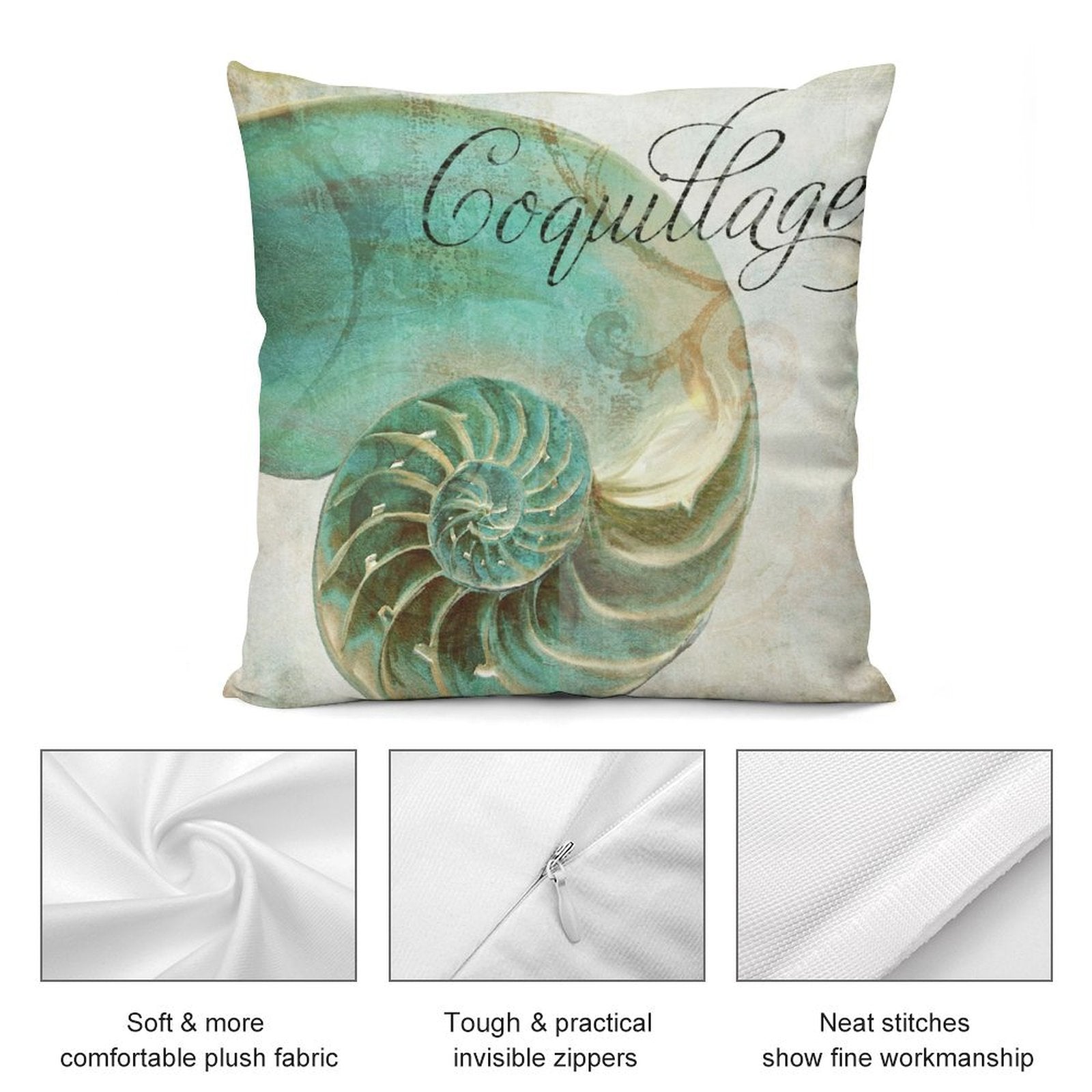 Coquillage plush pillow cover with teal nautilus shell design, soft short plush fabric, and neat stitching details