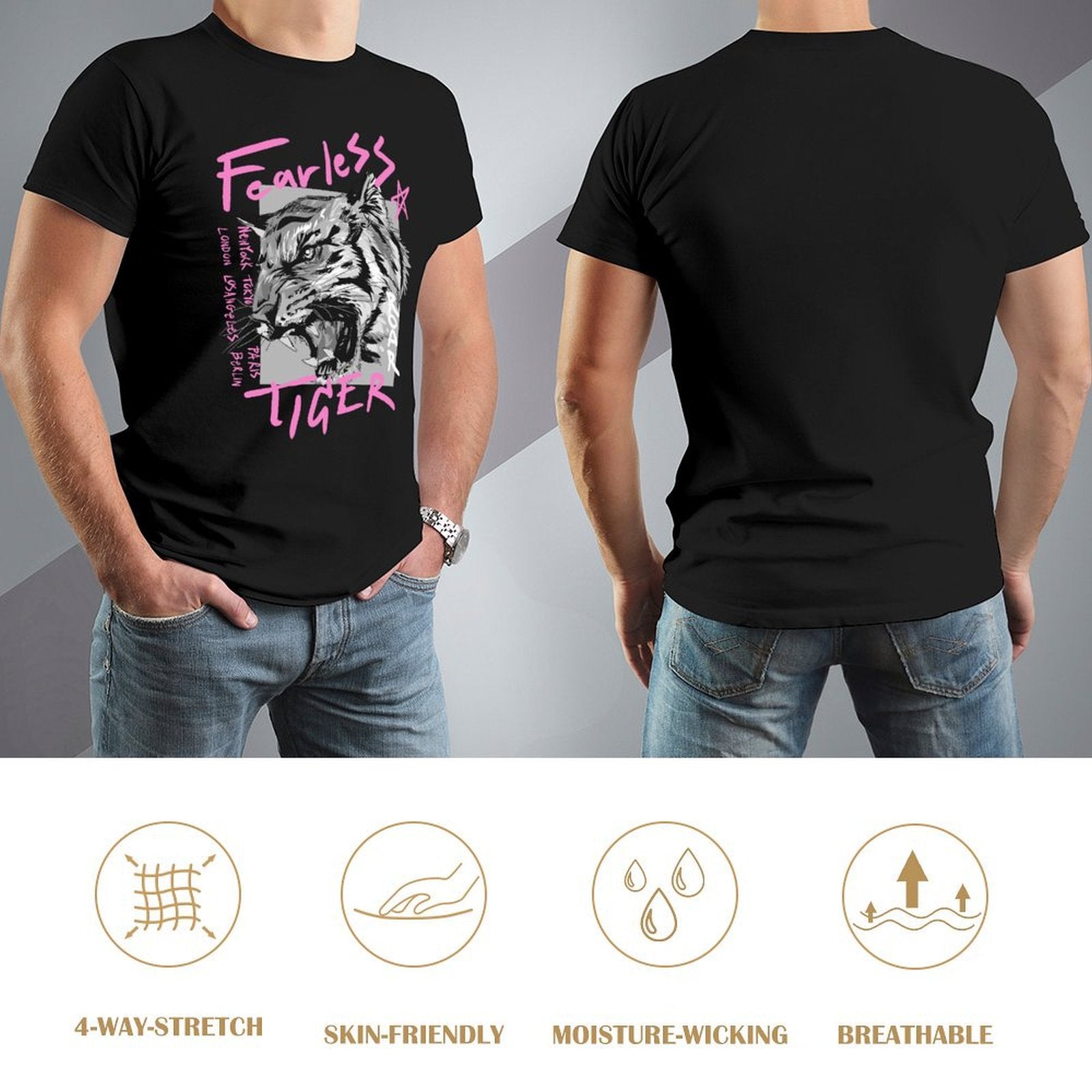 Men's black Fearless Tiger crew neck t-shirt, cotton fabric, breathable & skin-friendly