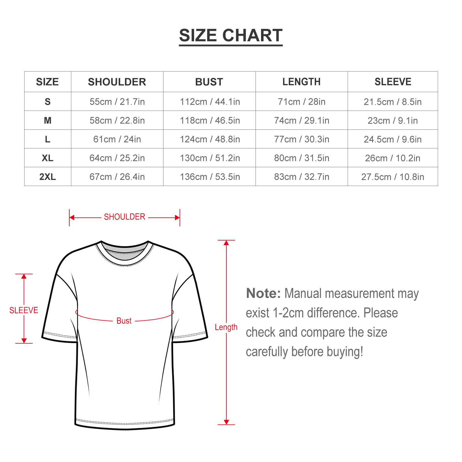 MyArtsyGift Men's T-Shirt Size Chart - Shoulder, Bust, Length, Sleeve Measurements Guide