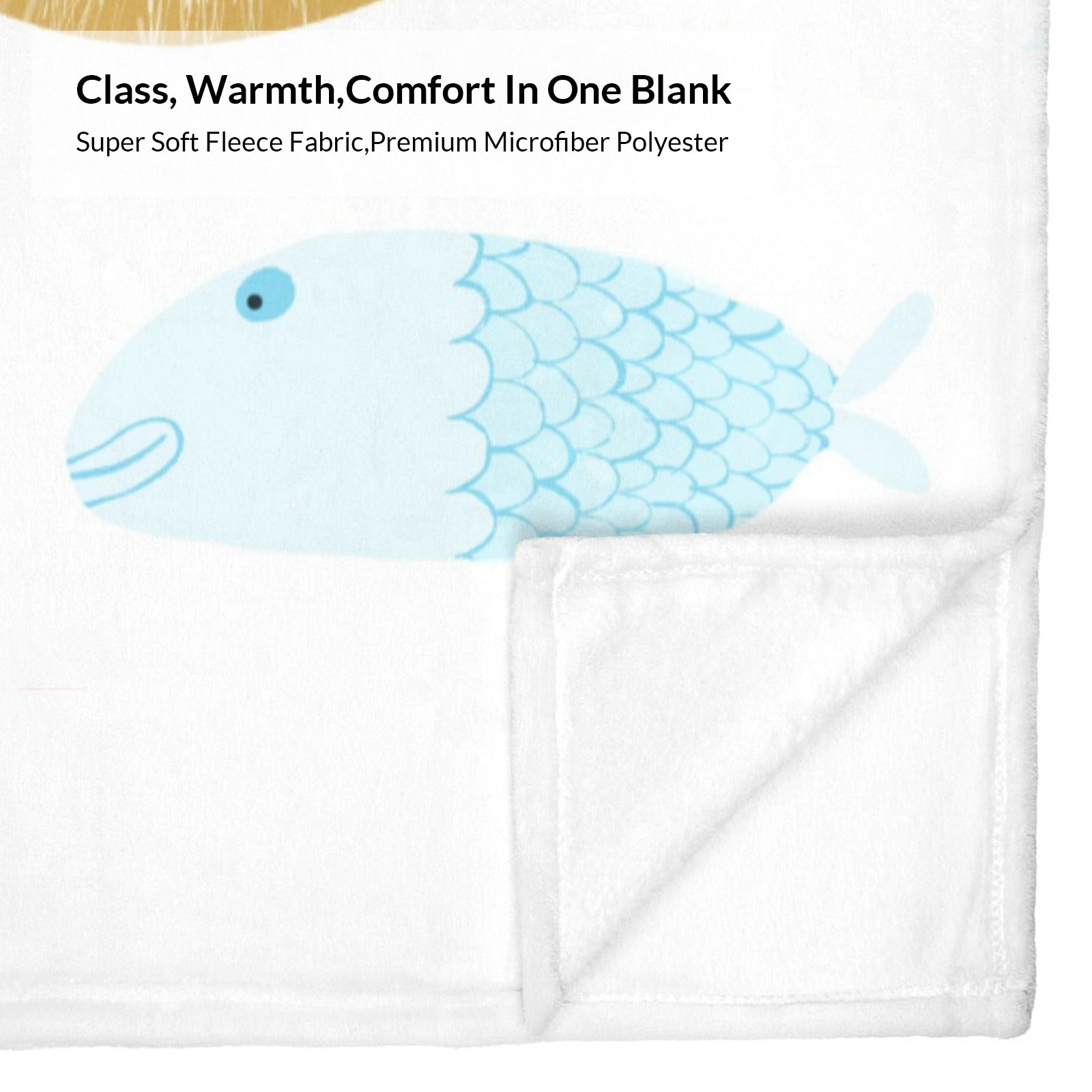 White baby blanket with blue fish design. Class, Warmth, Comfort In One Blank made from fleece fabric.