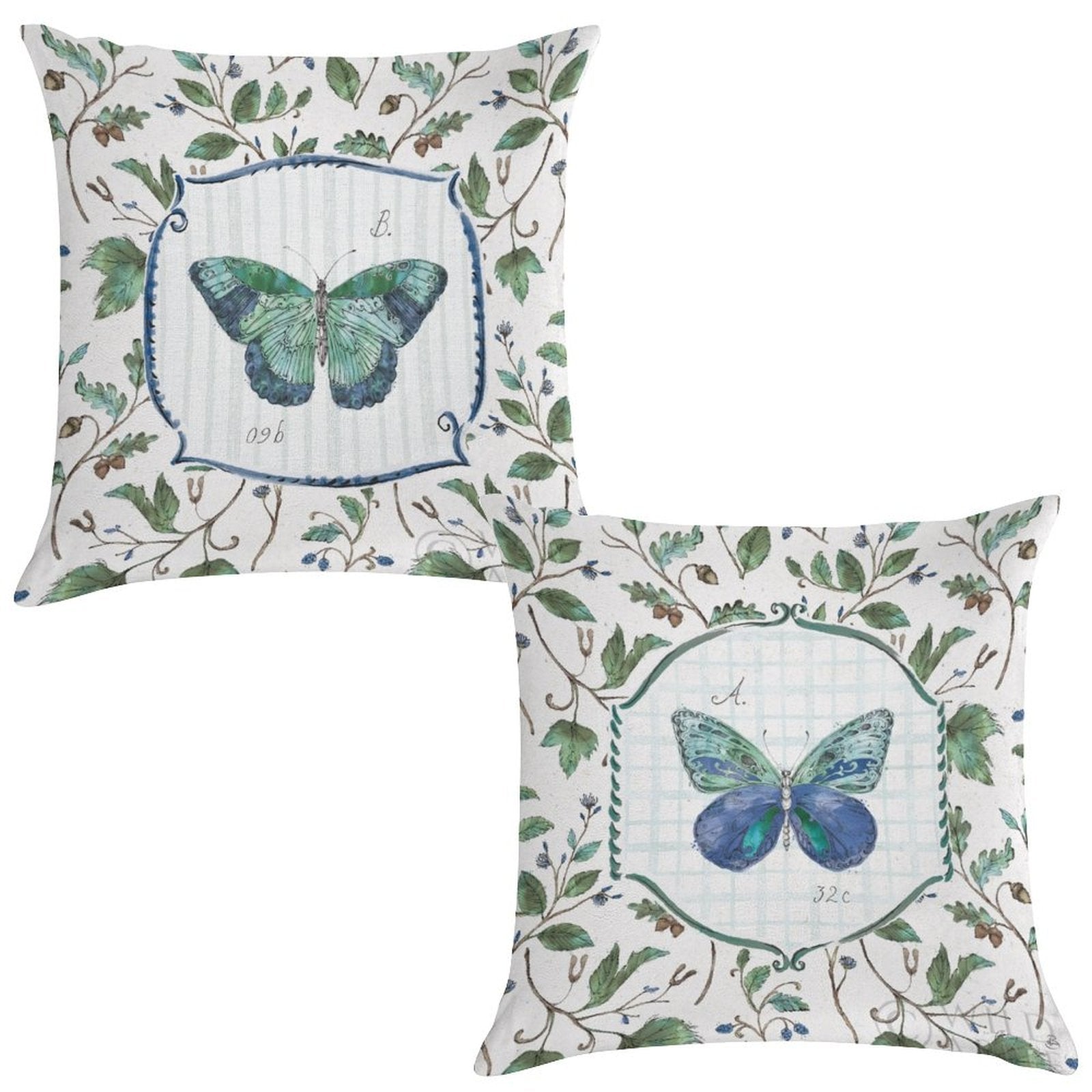 Super Soft Throw Pillow Case Set of 2, features a watercolor butterfly design with leafy floral patterns. Made in USA