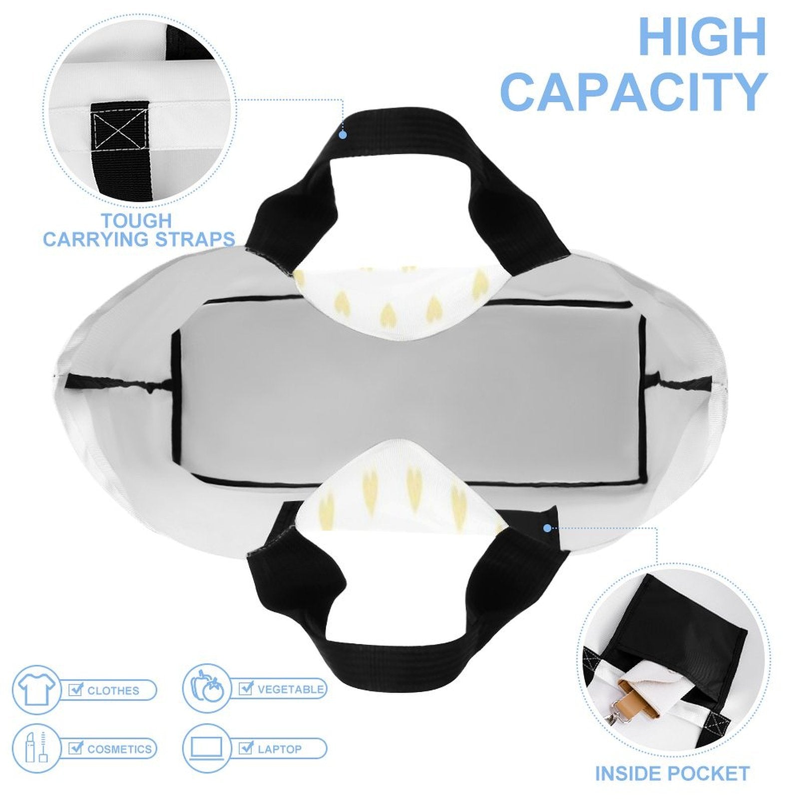 Custom polyester tote bag with high capacity, tough straps, inside pocket, suitable for shopping, travel, and gifts