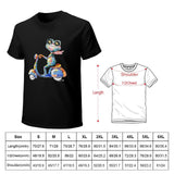 Men's black cotton t-shirt with colorful frog scooter design and size chart. Classic short sleeve tee.