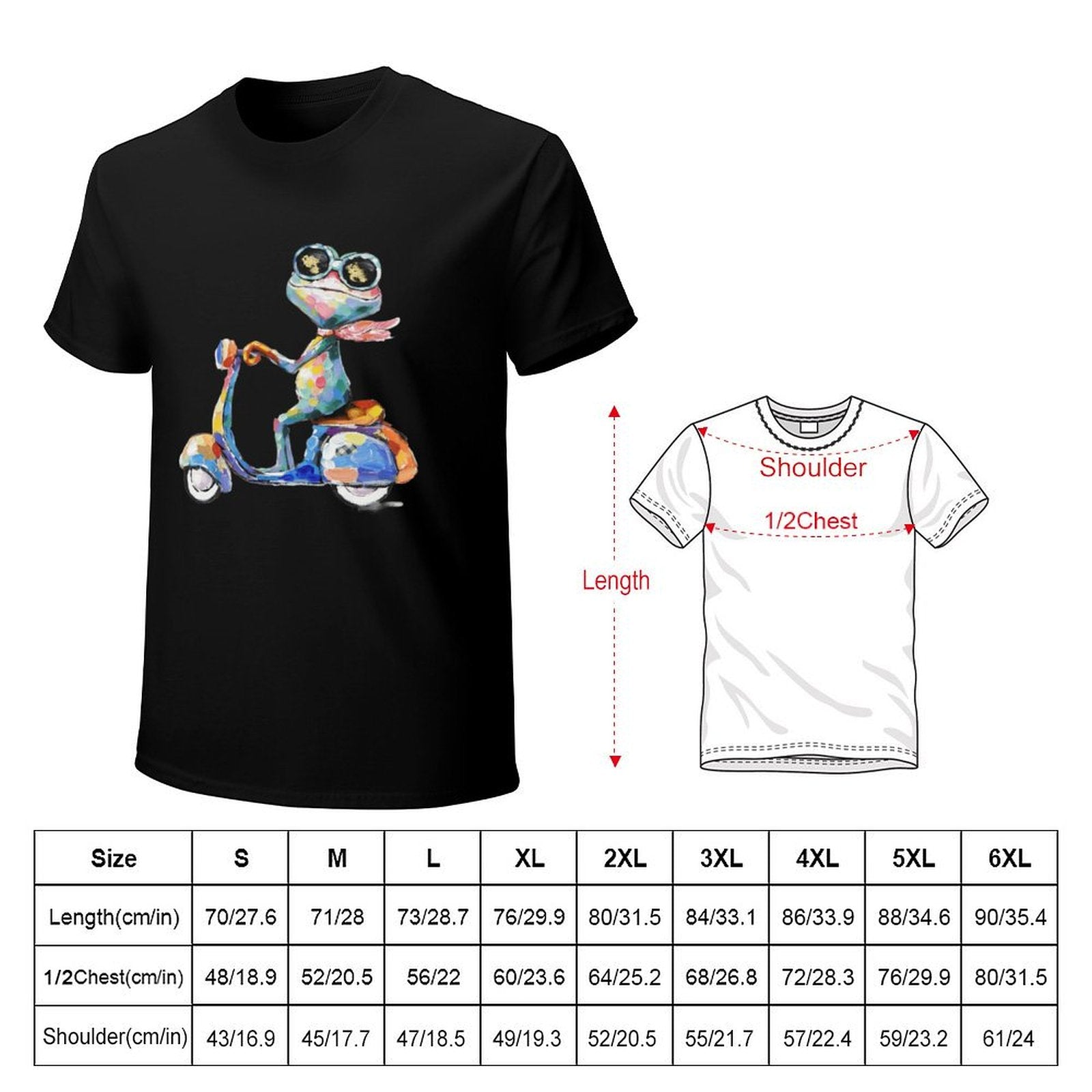 Men's black short sleeve crew neck t-shirt with frog on scooter, Classic Tees, size chart available